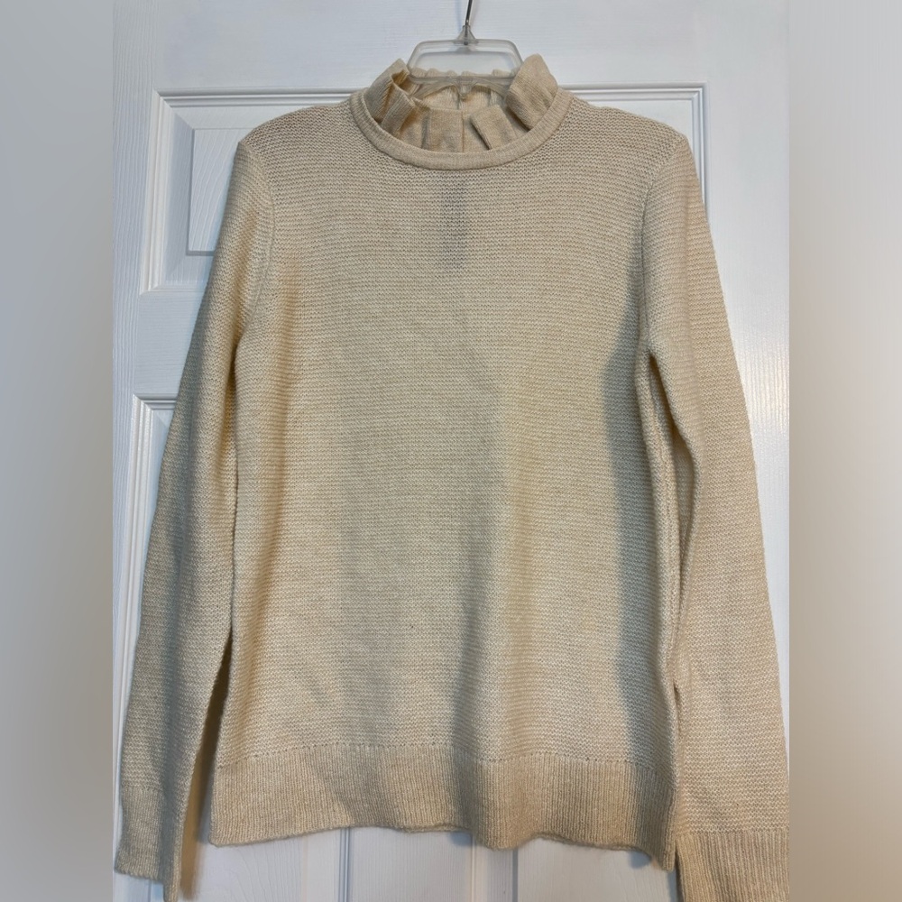 NWT J Crew ruffle neck sweater in textured chevron wool blend in Natural Tan